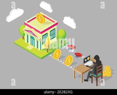 Bank hacking concept vector isometric illustration Stock Vector
