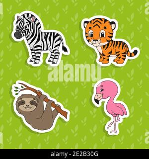 Set of bright color stickers. Brown sloth. Orange tiger. Happy zebra. Pink flamingo. Cute cartoon characters. Vector illustration isolated on color ba Stock Vector