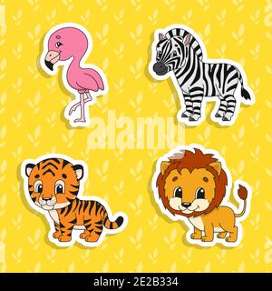 Set of bright color stickers. Orange lion. Orange tiger. Happy zebra. Pink flamingo. Cute cartoon characters. Vector illustration isolated on color ba Stock Vector