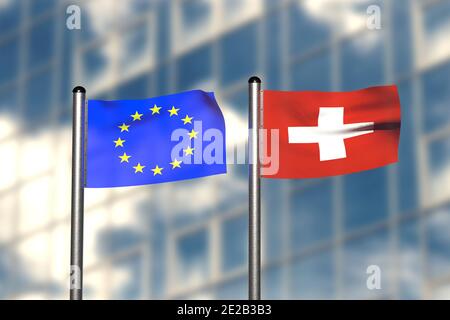 3d render of an flag of Europe and Switzerland, in front of an blurry background, with a steel flagpole Stock Photo