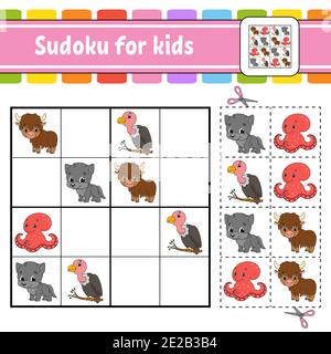 Sudoku for kids. Education developing worksheet. Activity page with pictures. Puzzle game for children. Set animals. Isolated vector illustration. Fun Stock Vector