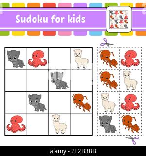 Sudoku for kids. Education developing worksheet. Activity page with pictures. Puzzle game for children. Set animals. Isolated vector illustration. Fun Stock Vector