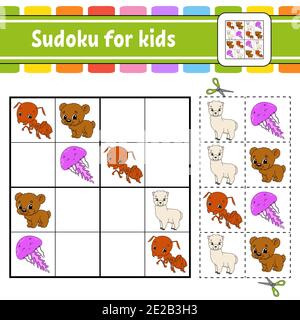 Sudoku for kids. Education developing worksheet. Activity page with pictures. Puzzle game for children. Set animals. Isolated vector illustration. Fun Stock Vector