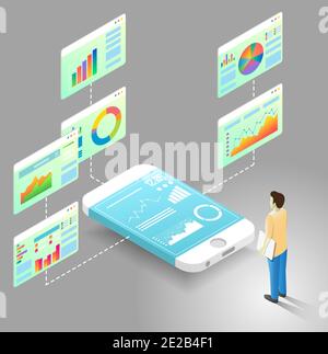 Mobile data analytics vector isometric flowchart Stock Vector