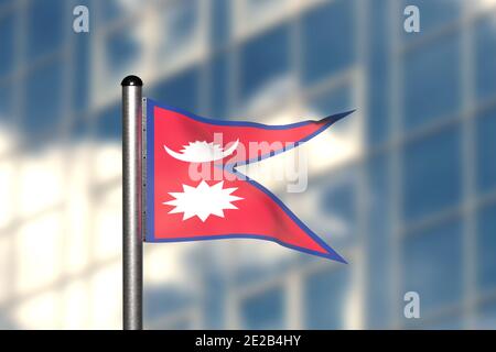 3d render of an flag of Nepal, in front of an blurry background, with a steel flagpole Stock Photo