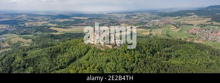 Panoramic aerial view of Hohenzollern hill with castle at summer noon near Stuttgart in Germany Stock Photo