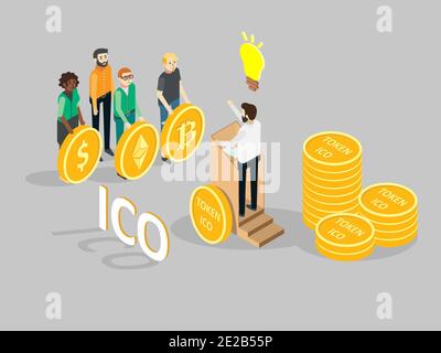 ICO concept vector isometric illustration Stock Vector