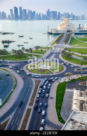 Qatar, Doha, Traffic at roundabout infont of the Museum of Islamic Art Stock Photo