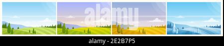 Cartoon panoramic countryside natural scenery, farmland fields on hills, forest on horizon in summer spring autumn winter background. Nature landscape Stock Vector