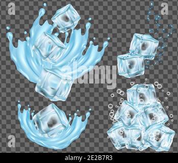 Realistic 3d ice cube falling in water splash. Cold water droplet blue ...