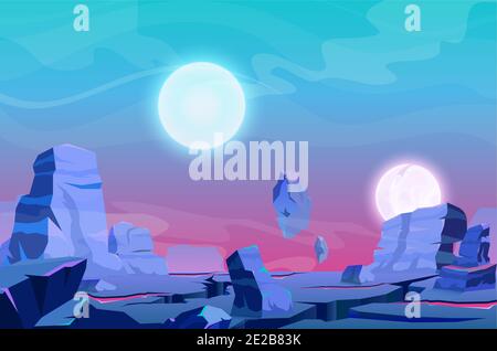 Cartoon fantasy nature panorama scenery with purple rocks land relief, satellites planets in blue cosmos sky. Alien planet landscape vector Stock Vector