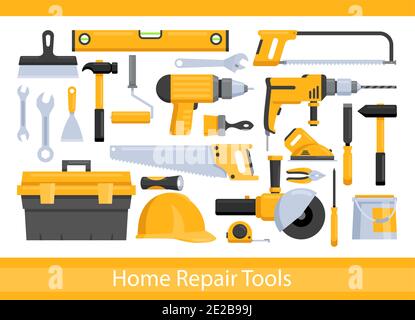 Repair worker tools set, yellow hand instrument equipment for work on construction Stock Vector