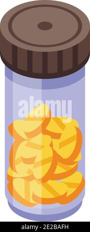 Glass jar with yellow pills icon. Isometric of glass jar with yellow pills vector icon for web design isolated on white background Stock Vector