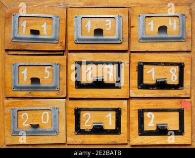 Backgrounds and textures: very old stained and weathered wooden cabinet with drawers, front view, close-up shot Stock Photo