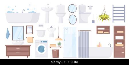 Cartoon sanitary hygiene furnishings of washroom restroom collection with bathtub shower cabin sink toilet mirror faucet washing machine isolated on Stock Vector