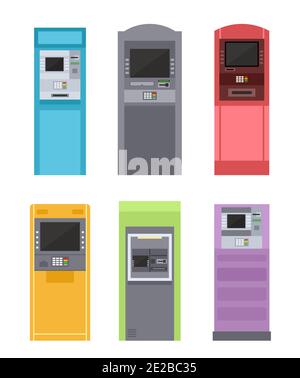 Atm bank machine for payment, street terminal isolated set, colorful banking equipment Stock Vector