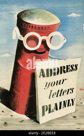 British government public information poster from the Second World War encouraging people to address postal letters plainly. Stock Photo