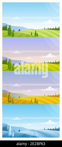 Cartoon panoramic countryside natural scenery in summer spring autumn winter background. Nature landscape in different seasons vector illustration set Stock Vector