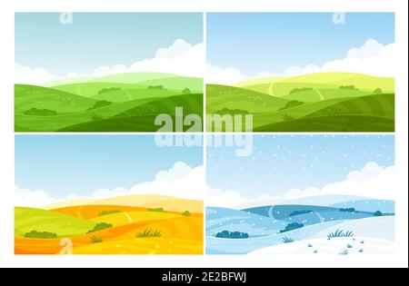 Nature field landscape in four seasons set, cartoon summer spring autumn winter scenes Stock Vector