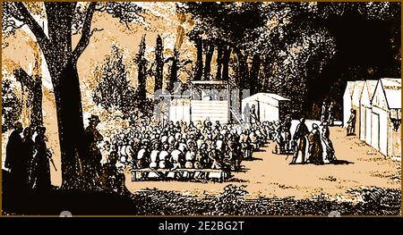 A wash drawing of a camp meeting taking place during the Califrnian gold rush Stock Photo