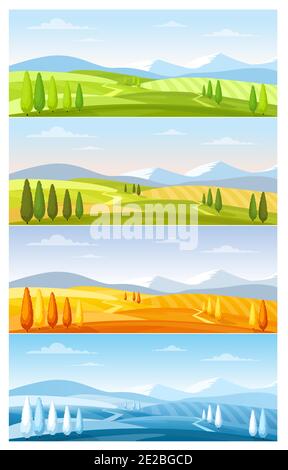 Mountain nature landscape in four seasons set, natural rural agricultural farm fields Stock Vector