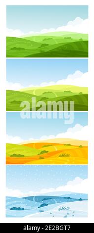 Farmland fields on hills, forest on horizon in summer spring autumn winter background. Nature landscape in different seasons vector illustration set Stock Vector