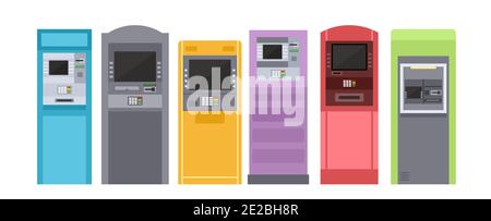 Atm bank machine for payment, street terminal vector illustration set. Cartoon colorful banking equipment with slots for credit card and currency Stock Vector