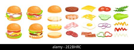 Cartoon fastfood hamburger maker collection with fresh slice of vegetable, melted cheese, sauces, bun and meat cutlet for cheeseburger isolated on Stock Vector