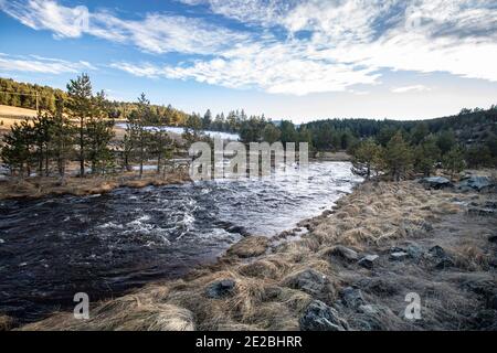 Mountain river landscape on beautiful sunny winter day