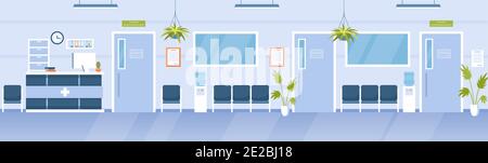 Hospital reception hall clinic interior. Cartoon modern empty medical hallway with bench for waiting patients, receptionist desk counter, no people Stock Vector