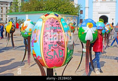 KYIV, UKRAINE - MAY 01, 2017: Painted eggs. Street festival of large Easter eggs on Mikhailovska Square Stock Photo