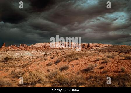 Dramatic thunderstorm clouds over the Arches National Park, Utah USA Stock Photo
