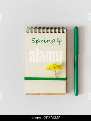 Open notebook with a white sheet, the inscription spring, copy space, spring flowers and a green felt-tip pen on a white background. Spring, sunny com Stock Photo