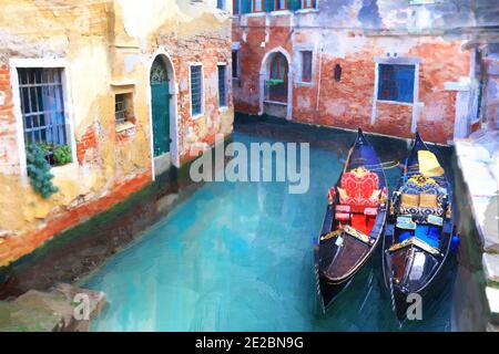 Venice.Italy. Canals and gondolas. Artwork in paiting style Stock Photo