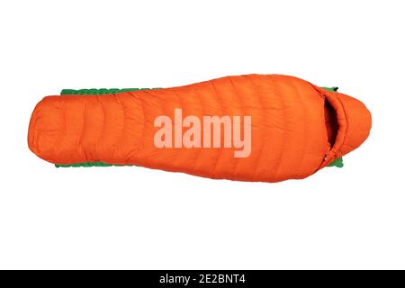 Sleeping bag and sleeping pads on white background, top view. Winter camping equipment. Stock Photo