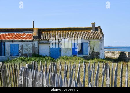 Old fisherman house on south Brittany coast whith blue shutters. Stock Photo