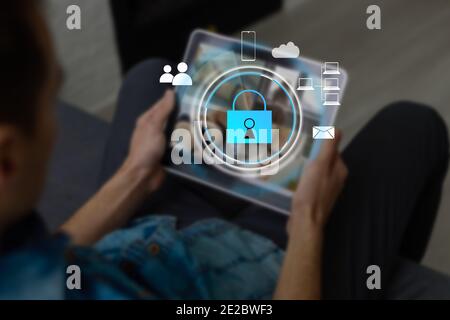 business man using modern tablet computer. cyber security concept. business tehnology and internet concept. Stock Photo