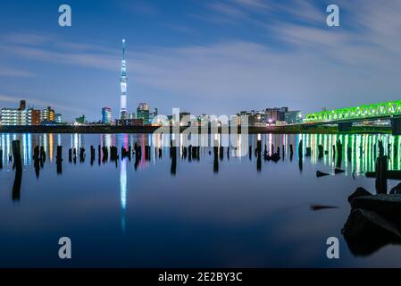 Tokyo, Japan cityscape on the Arakawa River at night. Stock Photo