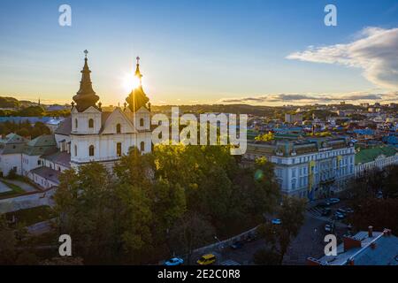 Aerial view on Carmelite Church ( Michael the Archangel church) in Lviv, Ukraine from drone Stock Photo