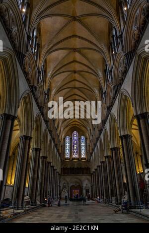 General view down the nave in Salisbury Cathedral, (Cathedral Church of the Blessed Virgin Mary), an Anglican cathedral in Salisbury, Wiltshire, UK. Stock Photo