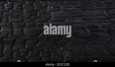 Modern black color burnt charred wood background. Flat lay view studio shot. Stock Photo