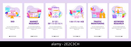 Seo optimization, traffic monitoring, market and keyword research. Mobile app screens, vector website banner template. Stock Vector