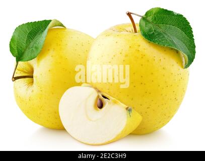 Yellow apple fruit with green leaf and slice isolated on white background. Golden apple with clipping path. Full Depth of Field Stock Photo