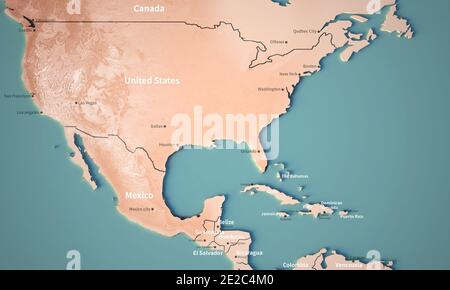 Continental map of North america. Topography 3d render world map. Stock Photo