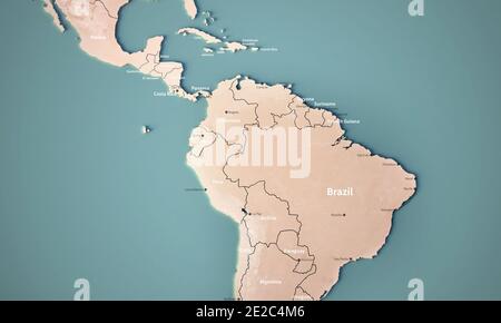 Continental map of South America. Topography 3d render world map. Stock Photo