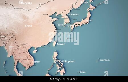 Continental map of Asia. Topography 3d render world map. Stock Photo