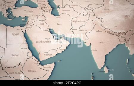Continental map of Middle East. Topography 3d render world map. Stock Photo