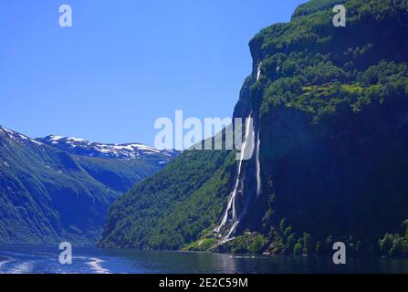 The 400 meter high Seven Sisters waterfall in Geiranger, Norway. Stock Photo