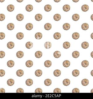 Seamless pattern with doughnuts glazed with white chocolate and colorful yellow, purple, pink and white decor. View from directly above. Doughnuts wit Stock Photo