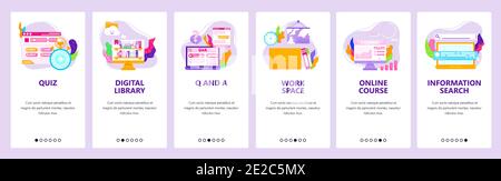 Online course, quiz, digital library, distance education. Mobile app screens, vector website banner template. Stock Vector